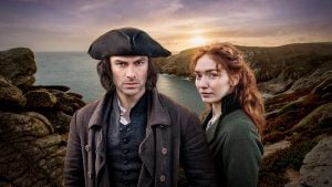 Graphic of two Poldark main characters standing above a mountain, overlooking water