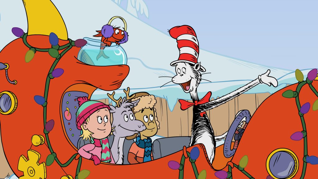 The Cat in the Hat chats with Sally and Nick as they embark on a Christmas adventure
