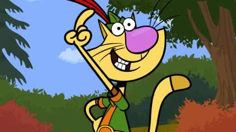 A character from Nature Cat standing in the woods pointing one finger up