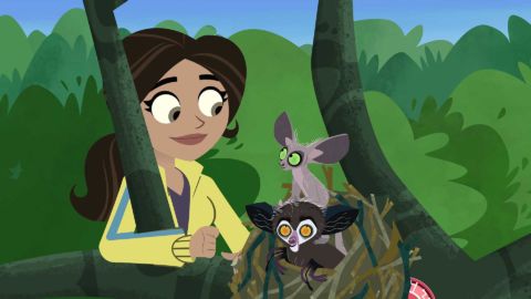 A girl smiling at two small creatures in a nest in the trees