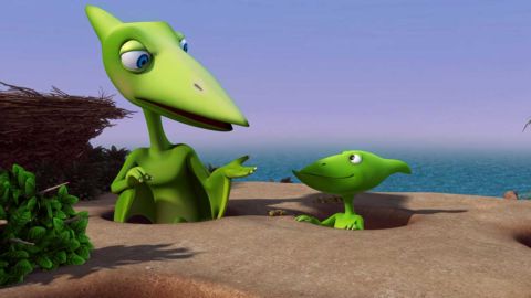 Characters from Dinosaur Train sitting in holes in the ground and talking
