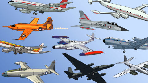 Cartoon U.S. Air Force planes flying in the sky