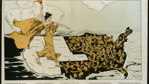 A political cartoon showing Lady Liberty walking across the western United States as women reach toward her