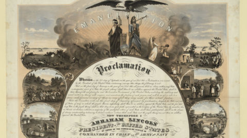 A commemorative print of the Emancipation Proclamation