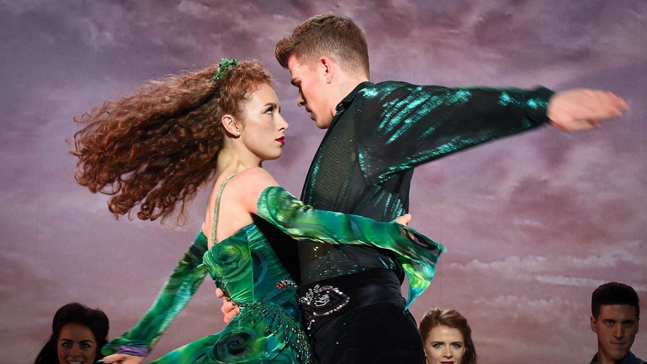 The lead couple in the Riverdance 25th Anniversary Show dance together.