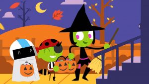 PBS KIDS characters trick-or-treat dressed as a witch, a pirate and a ghost.
