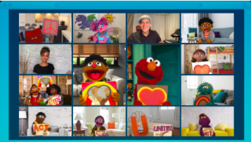A grid shows Sesame Street characters on a video call