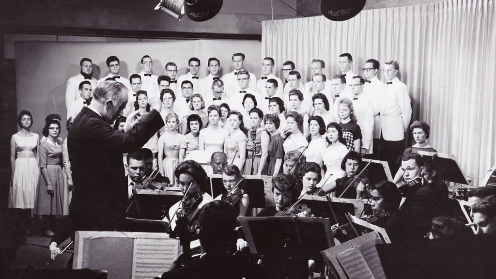 David Scoular conducts the ASU Chorus in Arizona PBS' studios in the early 1960s.