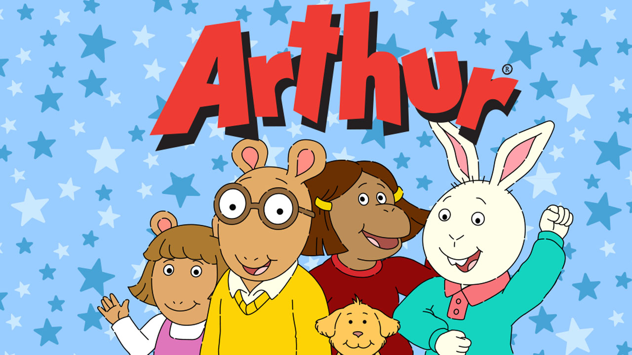 Arthur and his friends stand below Arthur logo