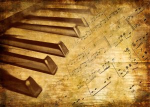keyboard superimposed over antique score