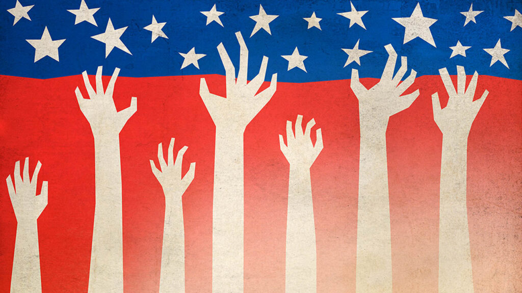 White arms reach up through a red field (giving the impression of red and white stripes) toward a blue sky filled with stars