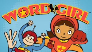 Logo of Word Girl, Word GIrl with her monkey side kick