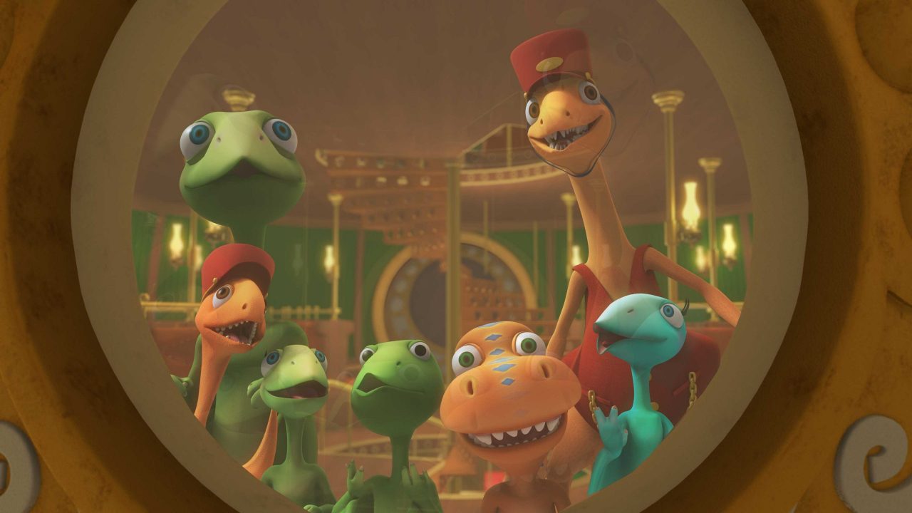 The Dinosaur Train characters look out a round window toward the viewer.