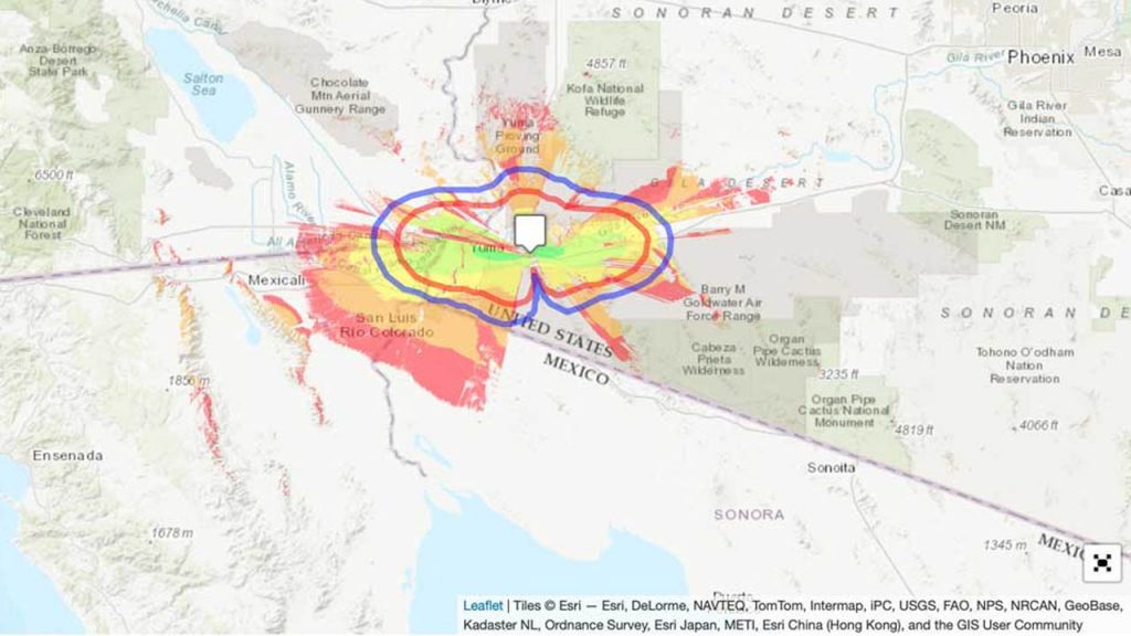 Map showing the range of the new transmitter near Yuma, Arizona