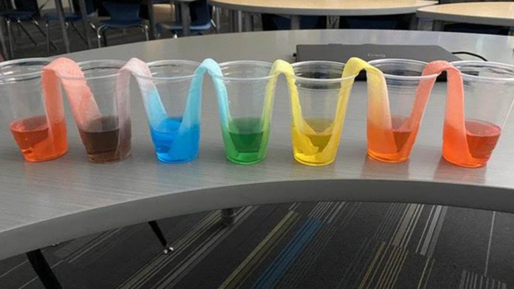 Seven cups of colored water show the results of the 