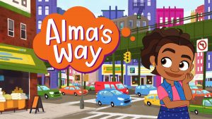 Alma's Way logo and character in front of a city background