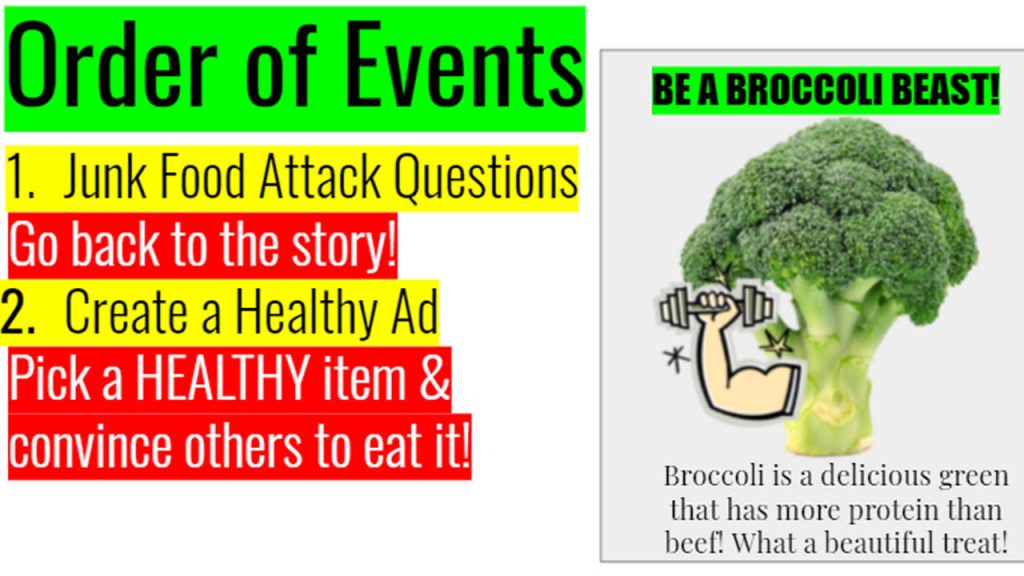A slide titled Order of Events directs students to work on junk food attack questions and create a healthy ad.