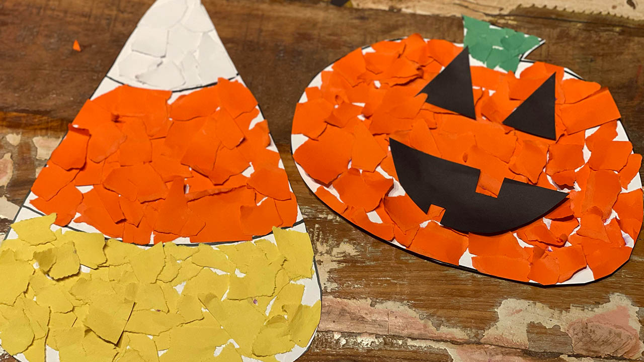 Kids can make these candy corn and pumpkin decorations by tearing and gluing colored paper.