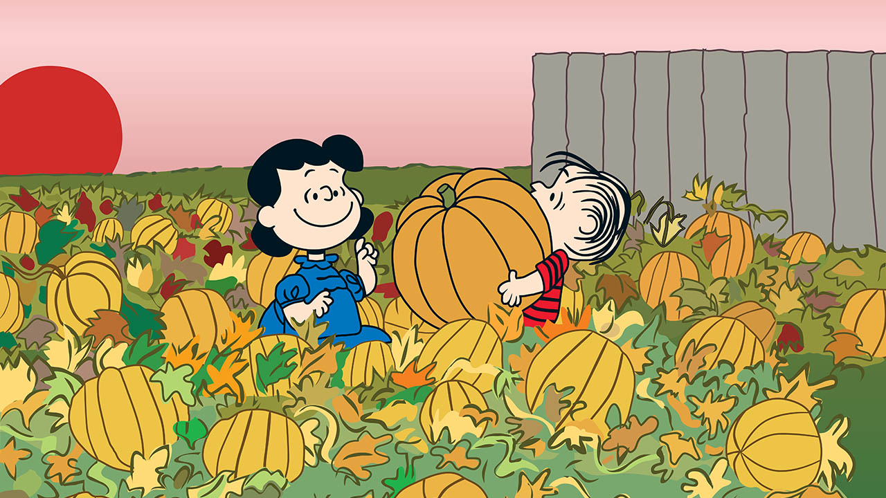 Lucy and Linus choose a pumpkin from the pumpkin patch as the sun sets behind them.