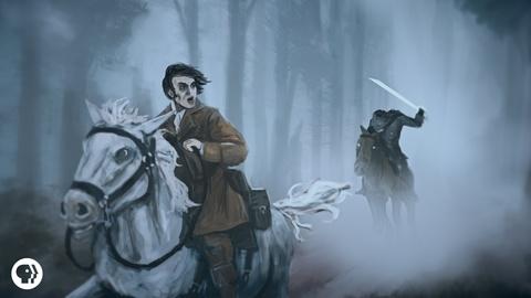 Ichabod Crane, a rider on a white horse, flees through the mist from the Headless Horseman