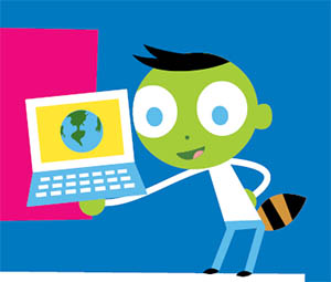 A green PBS KIDS character holds up a laptop.