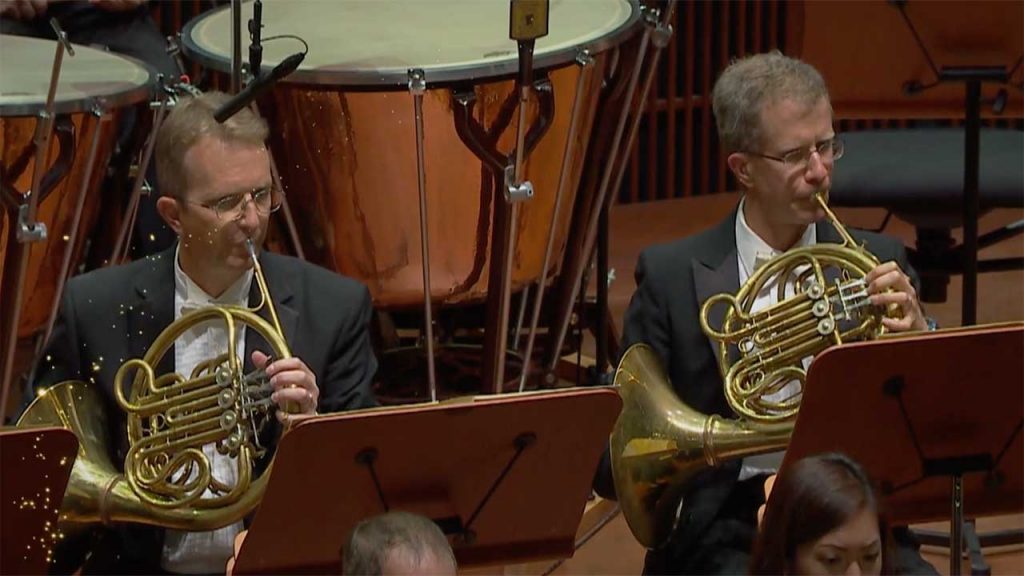Two members of the symphony play french horn