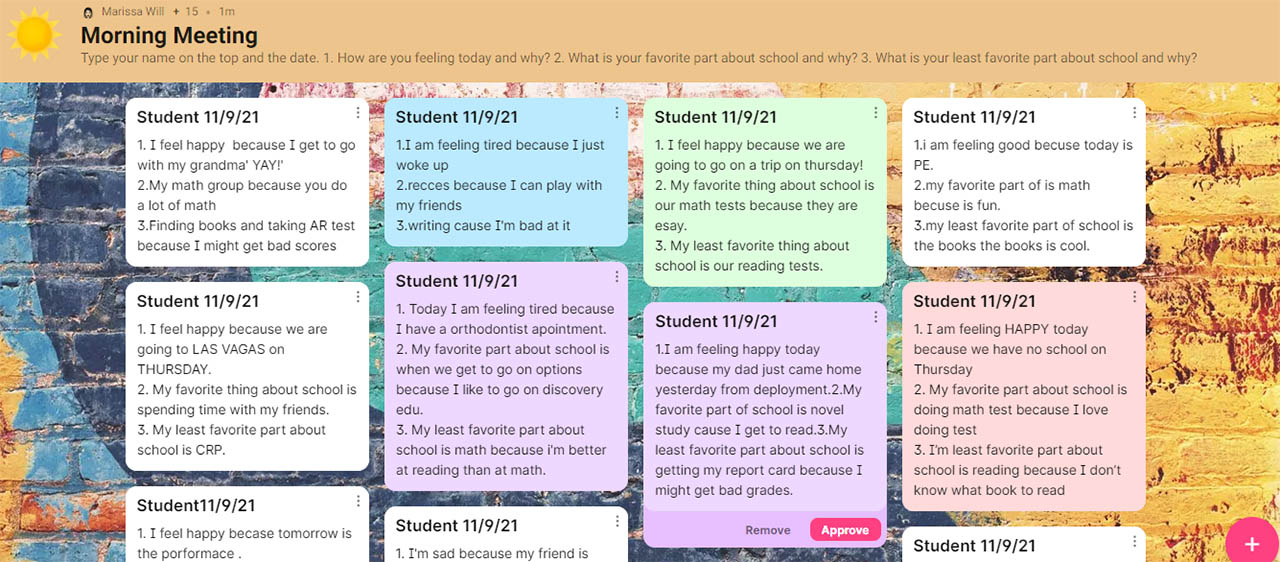 An online bulletin board shows third-graders' responses to what they like and dislike about school.