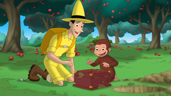 Curious George and the Man in the Yellow Hat look over a box they just dug up