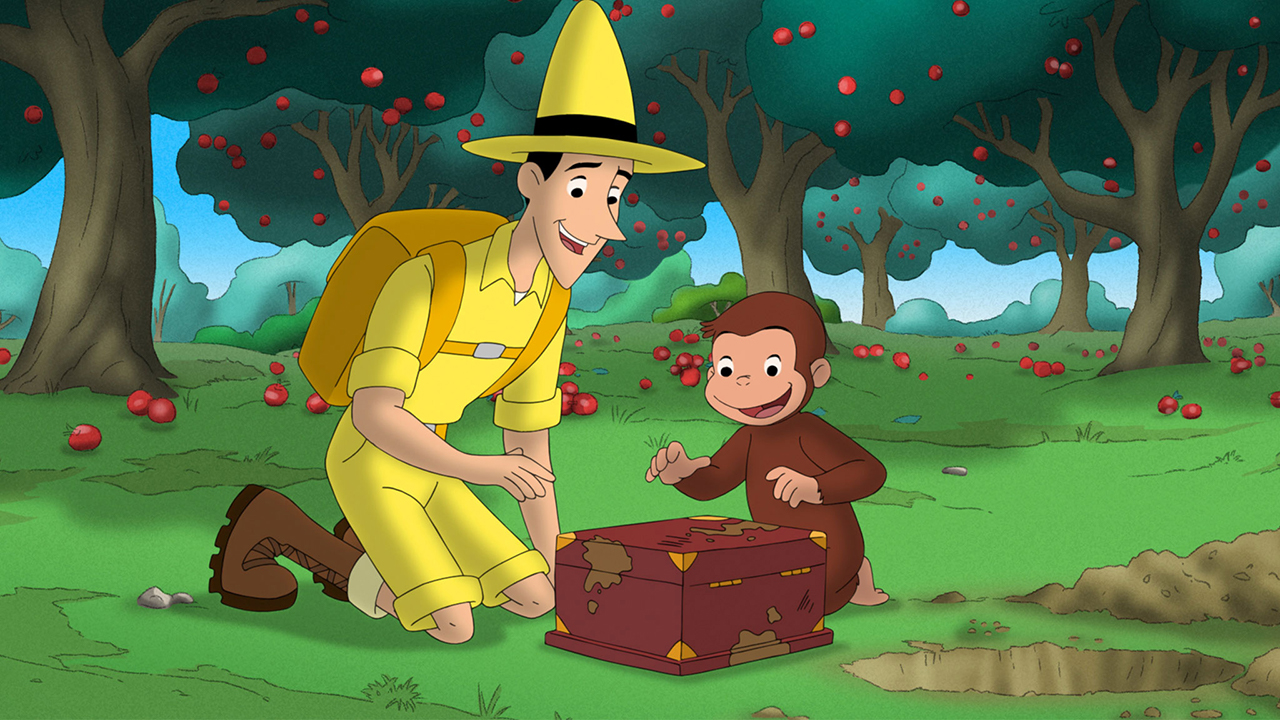 Curious George and the Guy in the Yellow Hat look over a box they just dug up