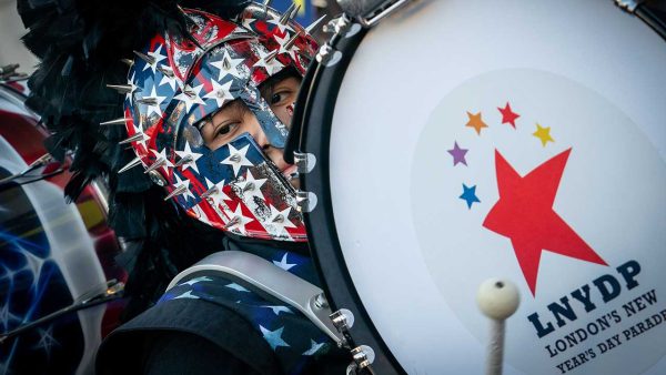 A percussion performer in the marching band
