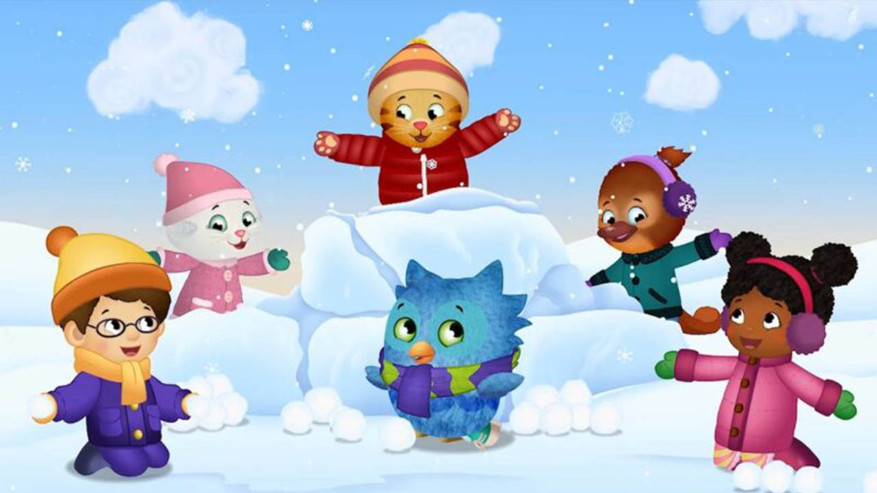 Daniel Tiger and his friends play in the snow