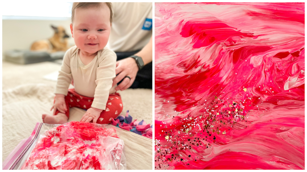 On the left: infant girl sitting in front of bag filled with canvas and red, white, hot pink paint. On the right: photo of the final masterpiece; canvas with red, white and hot pink paint and glitter in the lower left corner
