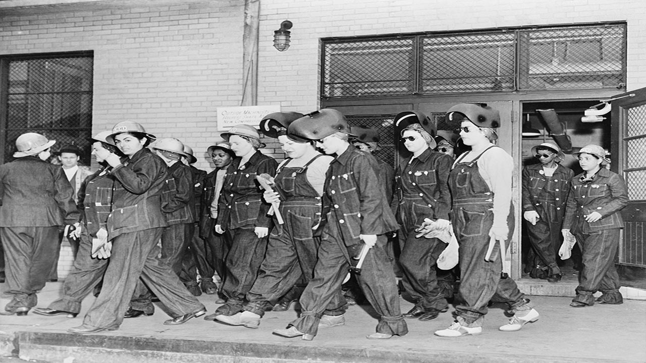 WWII women workers leaving shop