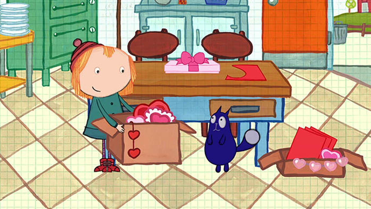 Peg and Cat pull out a big box of Valentine supplies