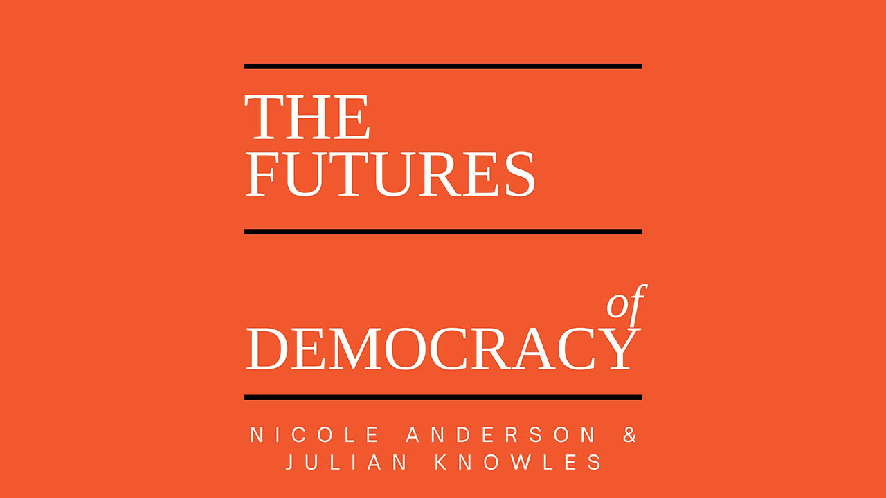 The Futures of Democracy logo on an orange background