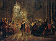baroque style painting of a man playing the flute surrounded by people listening