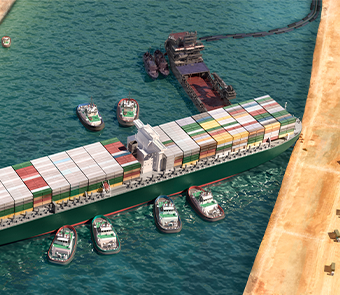 A digital model of the container ship Ever Given stuck in the Suez Canal