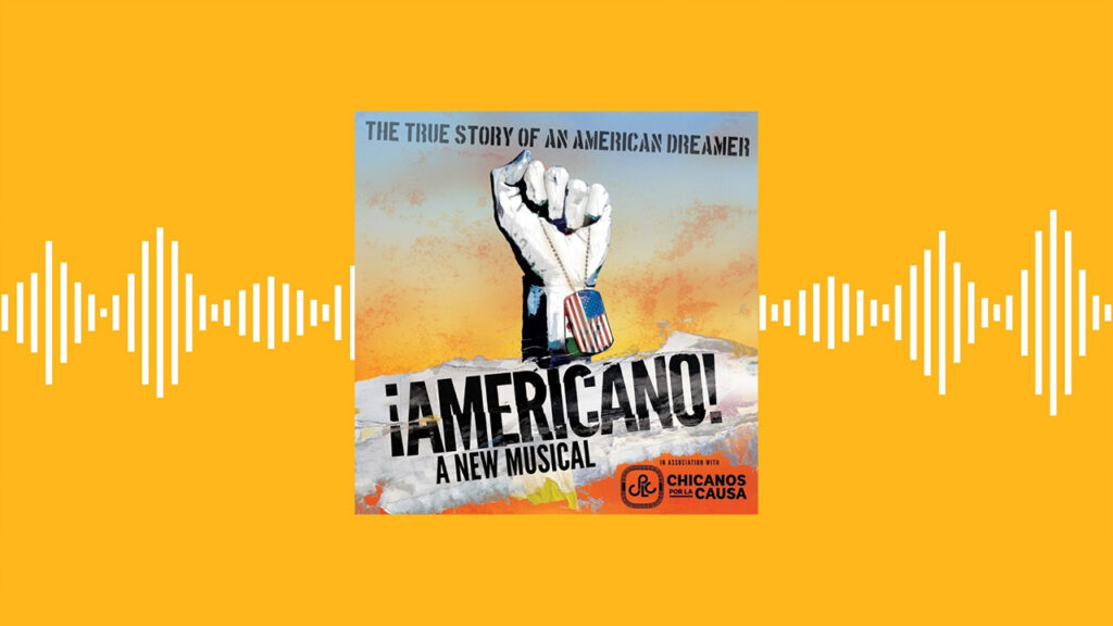 Logo for Americano! The Musical shows a fist holding military ID tags with the American flag