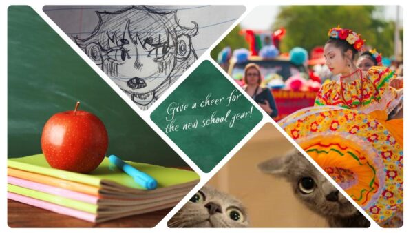 The center of the image reads Give a cheer for the new school year! as if on a chalkboard. Around it: an apple and a pen on a stack of notebooks, two wide-eyed cats, a teenage folklorico dancer twirling her yellow skirt, and a pen sketch of a girl's face.