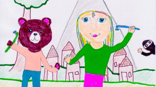 Second grader Elizabeth Beckstein's drawing of a girl and a life-sized teddy bear in front of a mountain castle.