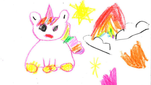 Kindergartener Emily D'Costa's drawing of a unicorn, rainbow, and hearts