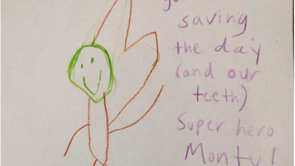 Kindergartener Monty Molina's drawing of a tooth-saving superhero