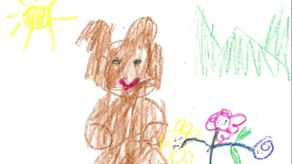 Pre-K student Simone D'Costa's drawing of a brown bear next to some flowers
