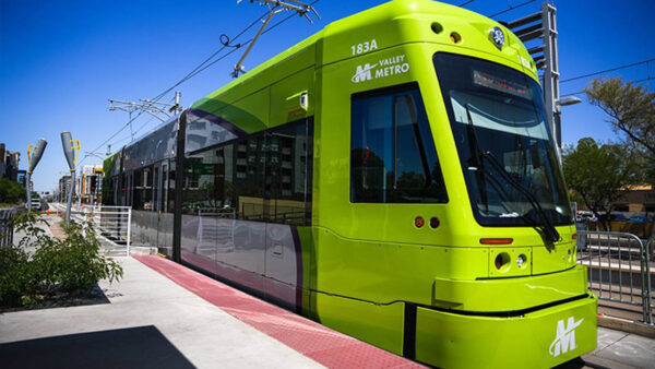 The Tempe Street Car pulls up to a stop