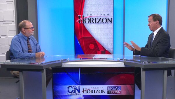 Will Humble sits opposite guest host Rick DeBruhl on the set of Arizona Horizon