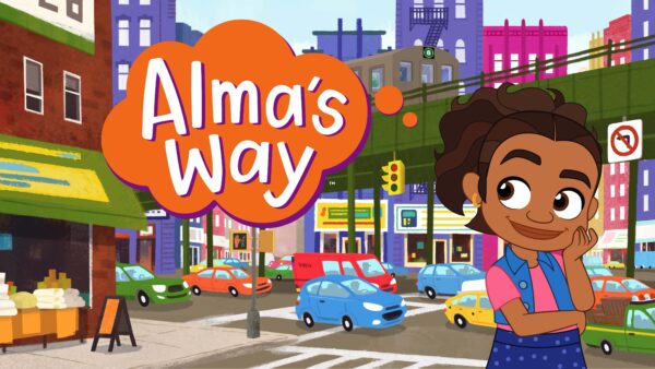 Alma, a cartoon Latina, stands on a busy street corner next to the Alma's Way logo