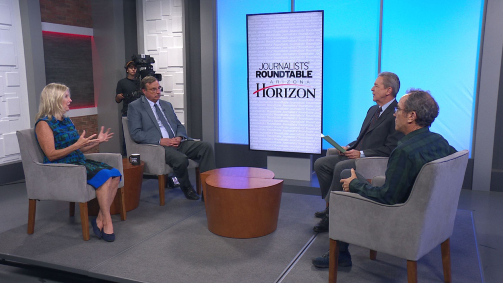 Photo shows Ray Stern and Laurie Roberts of the Arizona Republic & azcentral.com, and Bob Christie of the Associated Press, on the set of Arizona Horizon during an interview with host Ted Simons