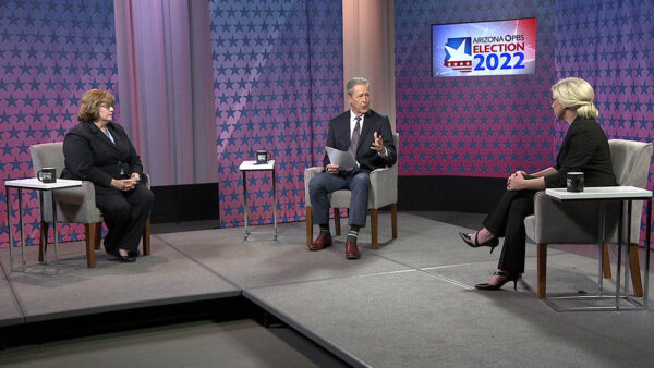 Maricopa County Attorney candidates Rachel Mitchell and Julie Gunnigle sit on the Arizona Horizon set with moderator Ted Simons