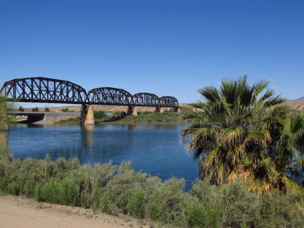 A bridge extends across a river