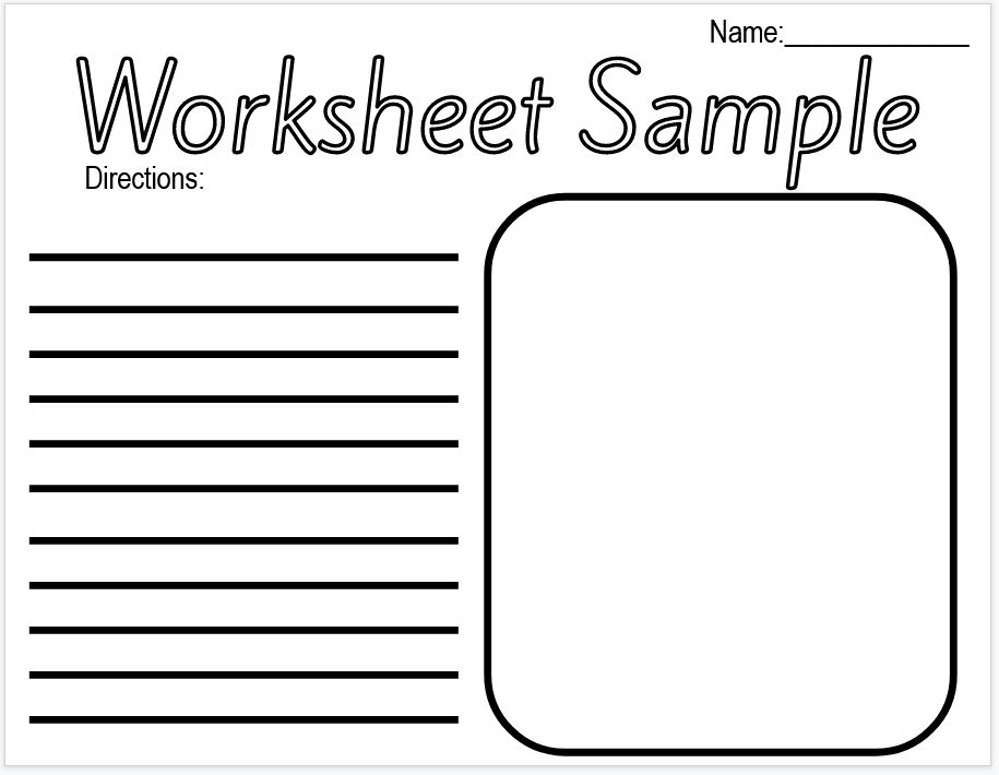 A page labeled Worksheet Sample with lines for writing on and a box to draw a picture